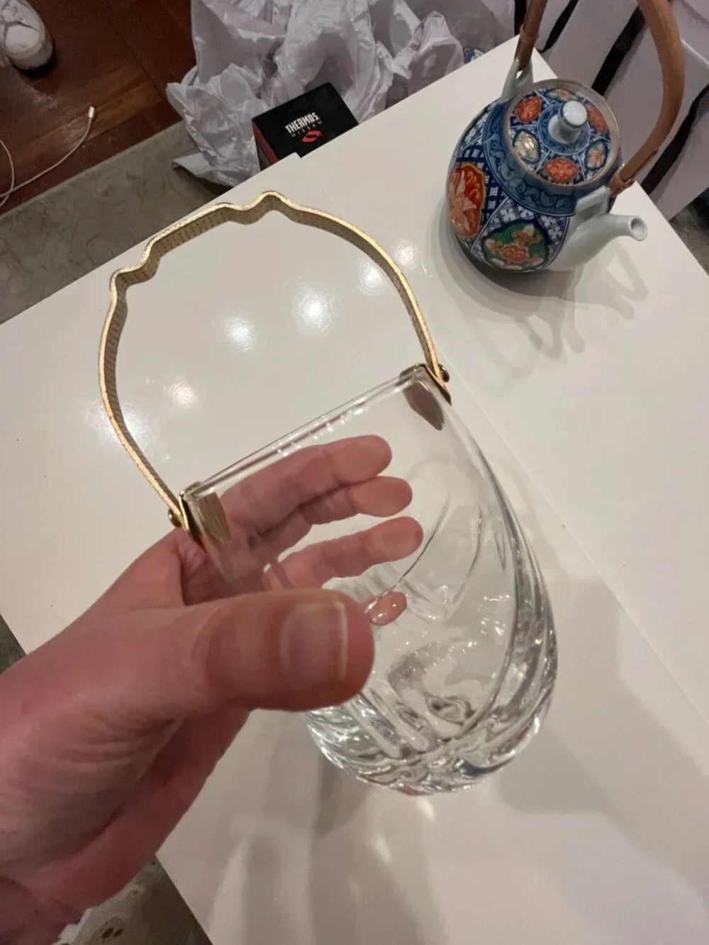 Vintage Bormioli Rocco Glass Ice Bucket Italy Gold Handle